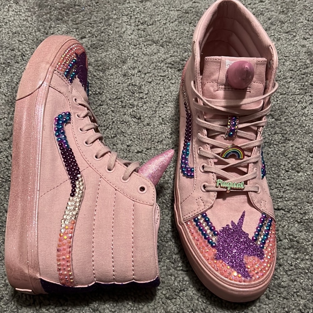 Beautiful Custom Unicorn Pink Hightop Vans With Rhinestones Men’s 7.5 Women’s 9.